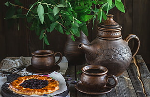 brown ceramic tea set HD wallpaper